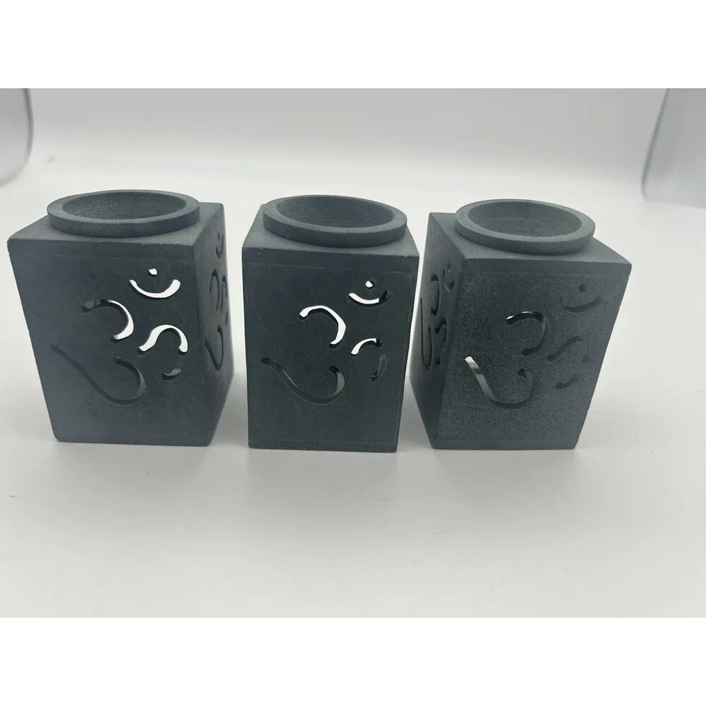 Set Of 3 -Soapstone Incense Oil Diffuser/candle  Hand Carved Ornate Green/Gray